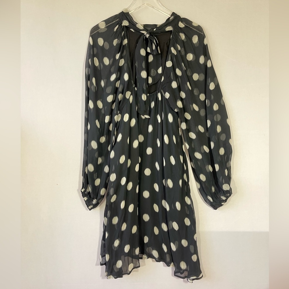 Maeve Sheer Polka Dot Mini Swing Dress Puff Sleeves Tie Neck - Picture 11 of 12